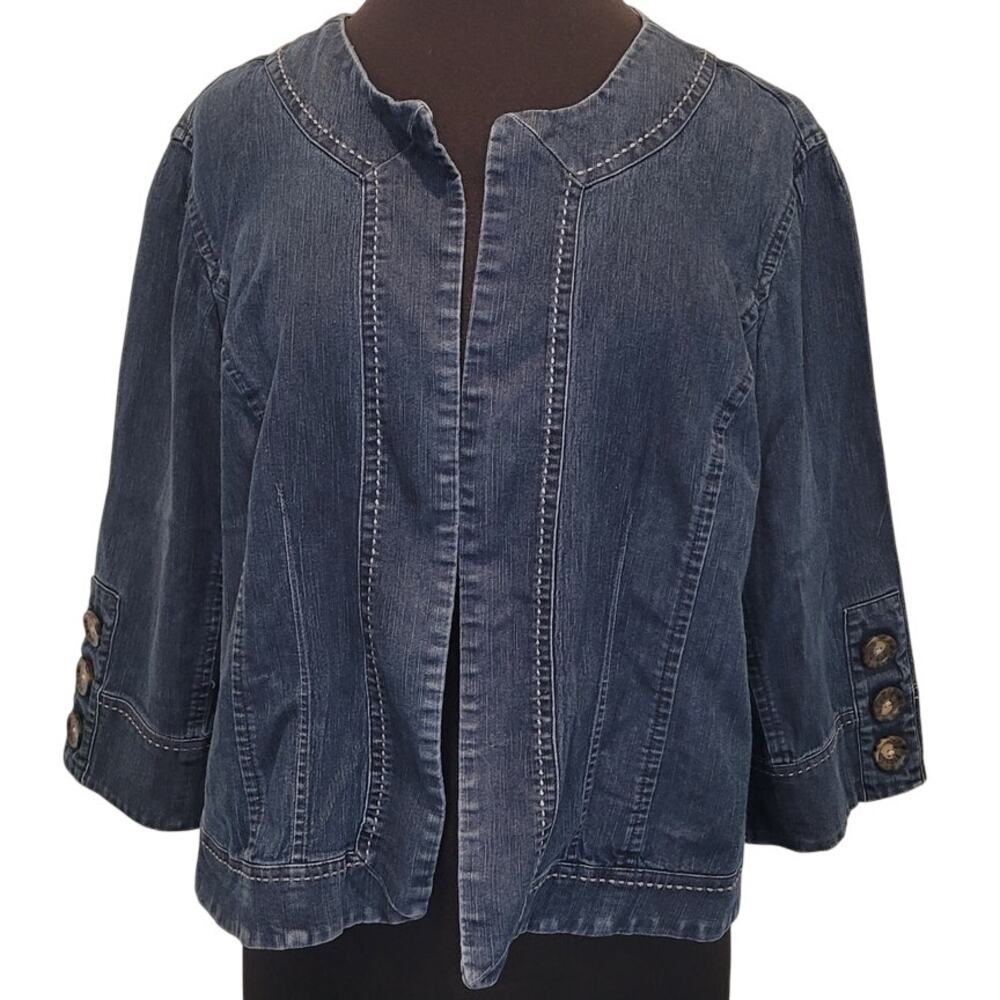 Cato Sz 18/20W Swing Jacket Stretch Denim Blue 3/4 Sleeve Open Front